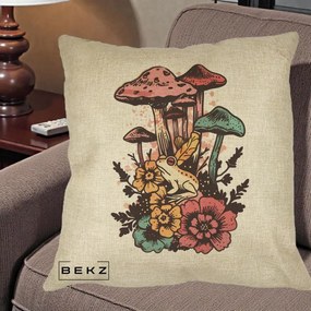 Perna Decorativa Ciuperci si Broaste Boho, 40x40 cm, Crem, Husa Detasabila, Perna Inclusa, BEKZ®