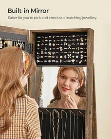 Dulap bijuterii cu oglinda, MDF melaminat / catifea, maro rustic, Songmics