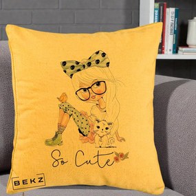 Perna Decorativa So Cute Fata Fashion, 40x40 cm, Galben, Husa Detasabila, Perna Inclusa, BEKZ®