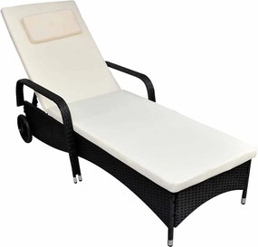 vidaXL Șezlong de plajă cu pernă și roți, negru, poliratan