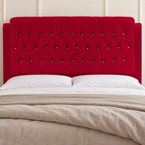 Pat tapițat Chesterfield din catifea Aveline Deluxe 180×200 cm, roșu, cu ladă de depozitare