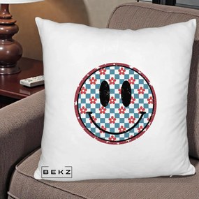 Perna Decorativa Smiley Face Checkered cu Floricele, 40x40 cm, Alb Pufos, Husa Detasabila, Perna Inclusa, BEKZ®