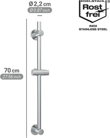 Tijă de duș argintiu-lucios autoadezivă din oțel inoxidabil 70 cm cu suport glisant – Wenko