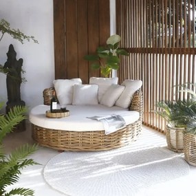 Sofa rotundă din rattan și lemn solid de mahon, cu perne albe, "Oasis"