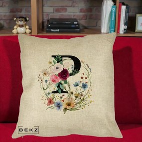 Cadou Personalizat - Perna Personalizata Monogram Litera P cu Flori Acuarela, 40x40 cm, Crem, Husa Detasabila, Perna Inclusa, BEKZ®