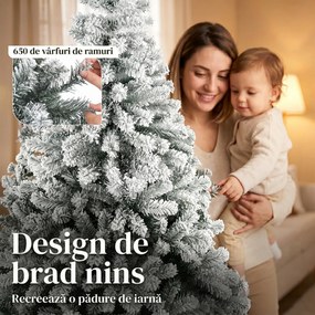 HOMCOM Brad Artificial de Crăciun 180 cm cu 650 Ramuri Ignifuge, Efect Înzăpezit Realist și Bază din Oțel, Verde și Alb | Aosom Romania