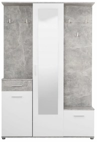 Cuier hol Calista cu 10 agatatori, oglinda, dulap si comoda, beton + alb cu 3 usi ,134x200cm