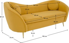 Canapea cu 3 locuri de design, ţesătură Velvet galbenă/gold crom auriu, EZIO TYP 3
