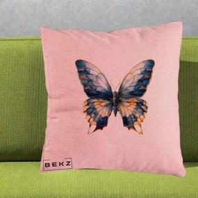 Perna Decorativa Fluture Albastru Auriu Elegant, 40x40 cm, Roz, Husa Detasabila, Perna Inclusa, BEKZ®