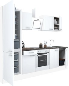 Mobilă de bucătărie Yorki 270, corp alb, față alb satinat, element cuptor inferior, frigider congelator inferior