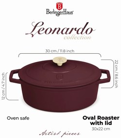 Oala fonta emailata ovala cu capac 4,65L 30 cm Leonardo Berlinger Haus BH 6543, visiniu