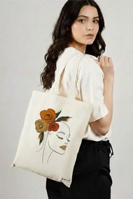 Sacosa de Panza pentru Cumparaturi, Geanta Tote, Flower Lady 15, 38x34.5 cm, Alba, BEKZ®