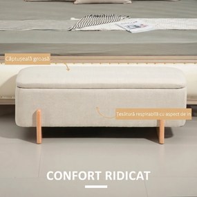 HOMCOM Banchetă cu Depozitare 111x44x44,5 cm, Șezut Tapițat, Material cu Efect de In, Picioare din Lemn, 150 kg, Crem | Aosom Romania