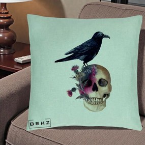 Perna Decorativa Craniu cu Corb si Flori Gothic, 40x40 cm, Verde Menta, Husa Detasabila, Perna Inclusa, BEKZ®