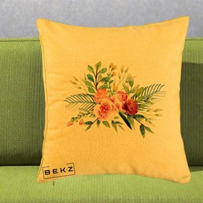 Perna Decorativa Buchet Flori Acuarela Roz-Verde, 40x40 cm, Galben, Husa Detasabila, Perna Inclusa, BEKZ®
