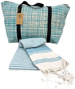 Set elegant geanta de plaja + prosop HAMAM 75 x 150 cm, turcoaz