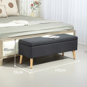 HOMCOM Bancă tapițată cu depozitare, bancă de dormit în model de in, lemn de cauciuc, 110 x 39 x 45 cm, Gri închis | Aosom Romania