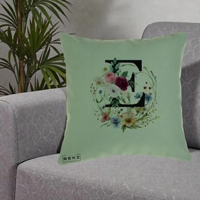 Cadou Personalizat - Perna Personalizata Monogram Litera E cu Flori Acuarela, 40x40 cm, Verde, Husa Detasabila, Perna Inclusa, BEKZ®