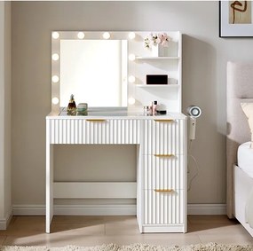 Masuta machiaj 92 cm, Alba sau Maro cu Oglinda LED si 4 Sertare pentru Cosmetice, Set Masa toaleta cu 2 Prize, USB si USB-C, masuta cosmetica, vanity