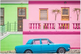 Tablou cu mașina - casele colorate (90x60 cm)