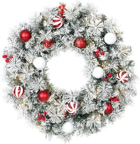 HOMCOM Coroniță de Crăciun Înzăpezită, 60 cm, cu Lumini LED, 8 Moduri, 140 Ramuri, 8 Fructe Roșii și 15 Globuri Decorative, Verde | Aosom Romania