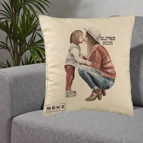 Cadou pentru Mama - Perna Personalizata Super Mom Acuarela, 40x40 cm, Bej, Husa Detasabila, Perna Inclusa, BEKZ®