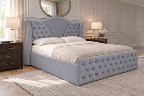 Pat tapițat Chesterfield din catifea Velora Cristal 140×200 cm, gri deschis, cu ladă de depozitare