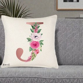 Cadou Personalizat - Perna Personalizata Monograma Rose Gold Litera J, 40x40 cm, Crem Reliefat, Husa Detasabila, Perna Inclusa, BEKZ®