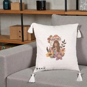 Perna Decorativa Fata Ciuperca Boho Florala, 40x40 cm, Bej cu Franjuri, Husa Detasabila, Perna Inclusa, BEKZ®