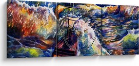 Tablou - Navă pe valurile oceanului, aquarelă (cu ceas) (90x30 cm)