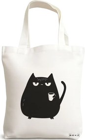 Sacosa de Panza pentru Cumparaturi, Geanta Tote, model Caffeine Cat 29 38 x 34.5 cm, Alba, BEKZ®