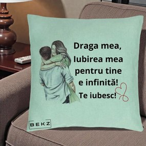 Cadou pentru Iubita - Perna Personalizata Draga Mea Iubirea Mea Infinita Te Iubesc cu Cuplu Acuarela, 40x40 cm, Verde Menta, Husa Detasabila, Perna Inclusa, BEKZ®