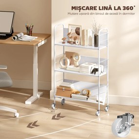 HOMCOM Cărucior Modern pentru Cărți cu 3 Nivele și Roți Pivotante pentru Cărți și Reviste, 69x26x108 cm, Alb | Aosom Romania