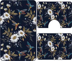 Set covoare baie antiderapante, 3 piese, model flori si colibri decorativi