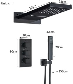 Set dus cu para tip cascada, negru mat, cu termostat si 3 functii de curgere