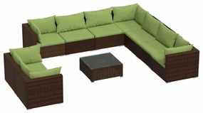 Set mobilier de gradina cu perne, 10 piese, maro, poliratan maro si verde, 5x colt + 4x mijloc + masa, 1