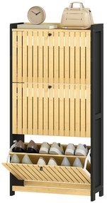 HOMCOM Mobila pentru pantofi 18 perechi cu 3 sertare rabatabile, uși din bambus cu lamele, 60x24x118cm, negru și lemn natural | Aosom Romania