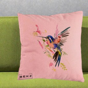 Perna Decorativa Colibri Acuarela, 40x40 cm, Roz, Husa Detasabila, Perna Inclusa, BEKZ®