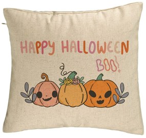 Perna Decorativa cu motiv Dovleac si Text de Halloween, Multicolor, 40x40 cm, Bej, Husa Detasabila, Burduf