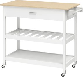 HOMCOM Cărucior de bucătărie cu depozitare, insulă mobilă de bucătărie cu blat mare, sertar, 2 rafturi deschise, suport pentru prosoape, Alb | Aosom Romania