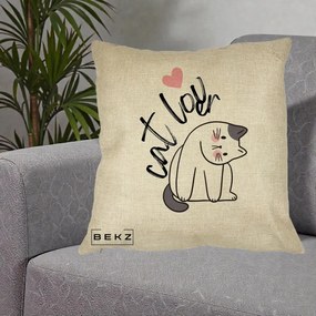 Perna Personalizata Cat Lover Pisica Ilustratie Linie, 40x40 cm, Crem, Husa Detasabila, Perna Inclusa, BEKZ®