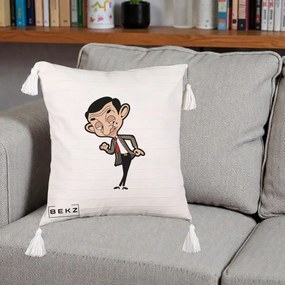 Perna Personalizata Mr. Bean Caricatura, 40x40 cm, Bej cu Franjuri, Husa Detasabila, Perna Inclusa, BEKZ®
