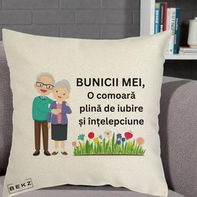 Cadou pentru Bunici - Perna Personalizata Bunicii Mei Comoara Cuplu Senior cu Flori Colorat, 40x40 cm, Ecru, Husa Detasabila, Perna Inclusa, BEKZ®