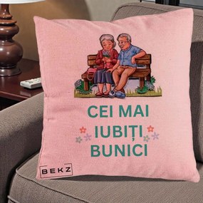 Cadou pentru Bunici - Perna Personalizata Cei Mai Iubiti Bunici Cuplu pe Banca Ilustratie, 40x40 cm, Roz, Husa Detasabila, Perna Inclusa, BEKZ®