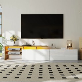 Comodă TV cu iluminare LED, spațiu de depozitare și rafturi din sticlă, 170x33x33,5 cm, Culoare naturală+Alb