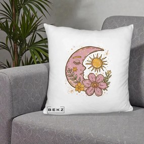 Perna Personalizata Luna si Soare Floral Boho, 40x40 cm, Alb Pufos, Husa Detasabila, Perna Inclusa, BEKZ®