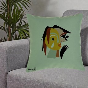 Perna Decorativa Portret Abstract Galben-Ocru, 40x40 cm, Verde, Husa Detasabila, Perna Inclusa, BEKZ®