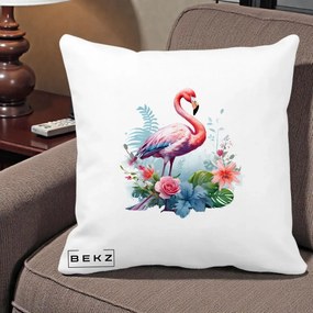 Perna Decorativa Flamingo cu Flori Tropicale Acuarela, 40x40 cm, Alba Mata, Husa Detasabila, Perna Inclusa, BEKZ®