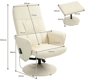 HOMCOM Fotoliu de masaj cu taburet, Scaun ergonomic cu 10 puncte de vibrații, Piele ecologică, 76 x 81 x 105 cm, Crem | Aosom Romania
