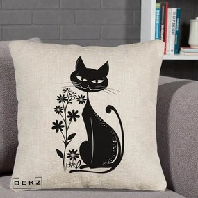 Perna Decorativa Pisica Neagra Grafica Minimalista, 40x40 cm, Bej Canapea, Husa Detasabila, Perna Inclusa, BEKZ®